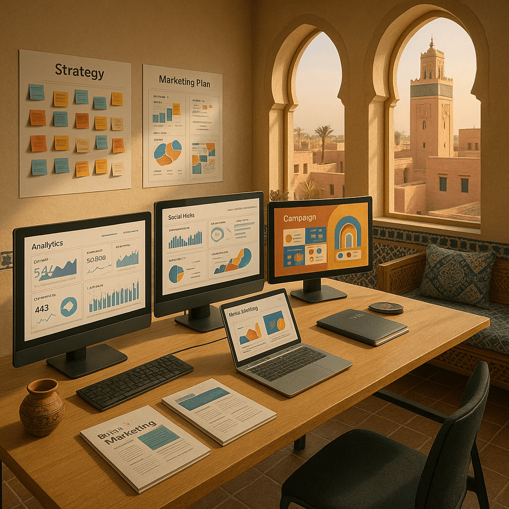 Consultante marketing présentant des analyses de données dans un bureau lumineux à Marrakech