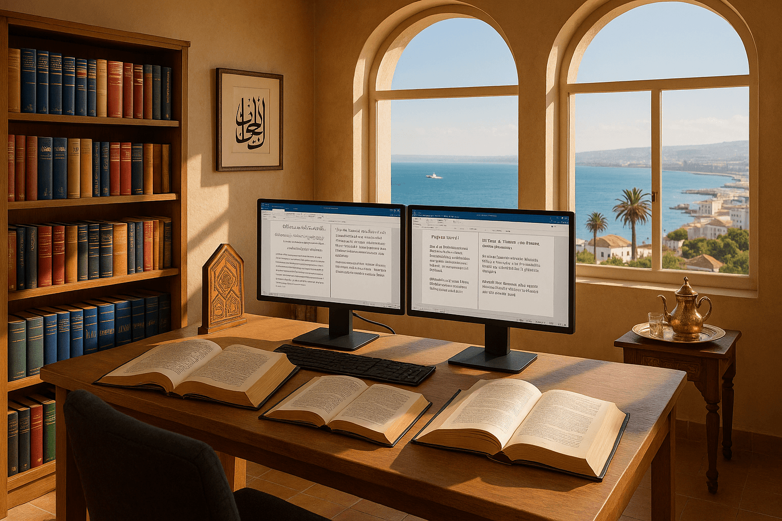Traducteur professionnel travaillant entre documents arabes et français avec vue sur la Méditerranée à Tanger