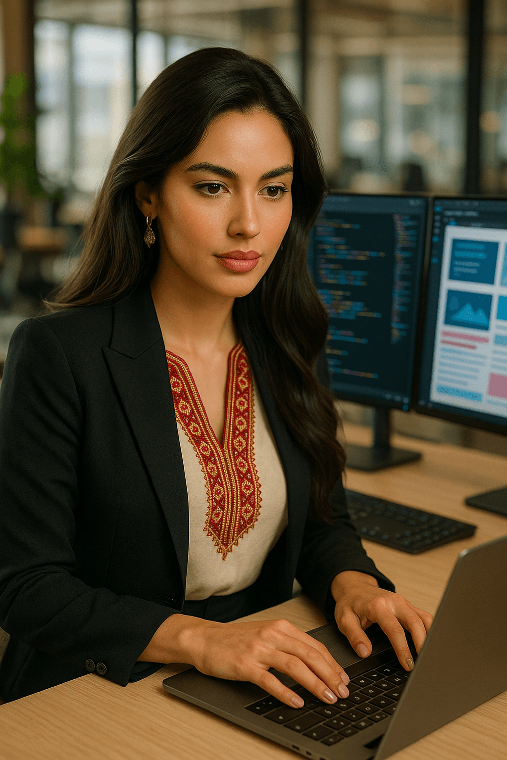 Développeuse web marocaine travaillant sur du code dans un espace moderne à Casablanca